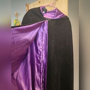 Black velvet hooded cloak with purple lining One Size